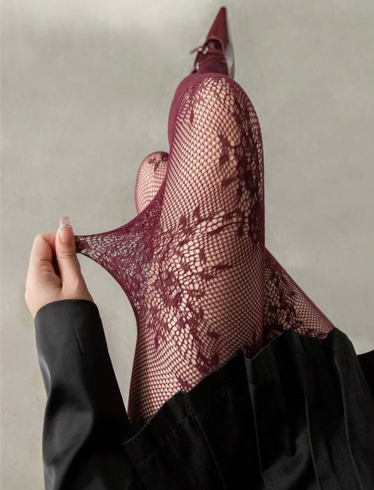 Collants résille fleuri bordeaux